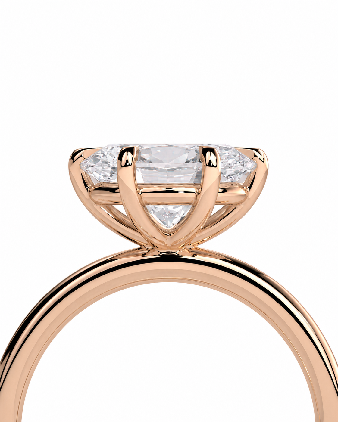 color_10K_RG, color_14K_RG &&
Rose gold ring with a princess-cut diamond center stone and smaller side diamonds, shown against a plain white background.