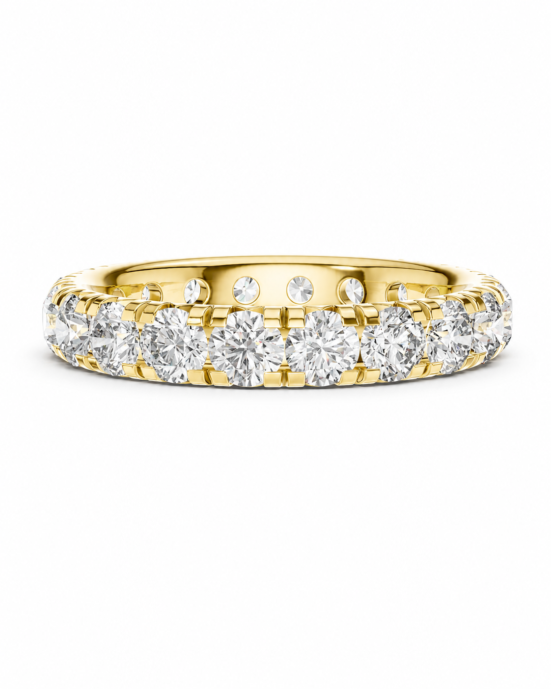 color_10K_YG, color_14K_YG &&	
A yellow gold eternity ring featuring a continuous row of round brilliant-cut diamonds on the front, with smaller diamonds set along the band, shown against a plain white background.