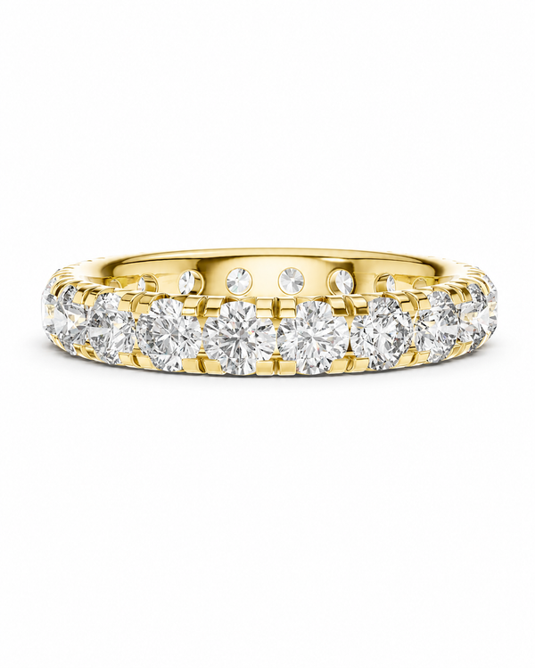 color_10K_YG, color_14K_YG &&	
A yellow gold eternity ring featuring a continuous row of round brilliant-cut diamonds on the front, with smaller diamonds set along the band, shown against a plain white background.