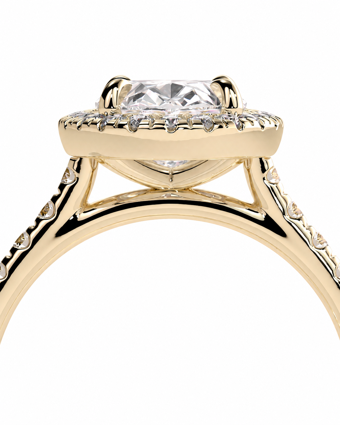 color_10K_YG, color_14K_YG &&A close-up of a yellow gold ring featuring a large round-cut clear center stone and a halo of small accent stones, set against a plain white background.