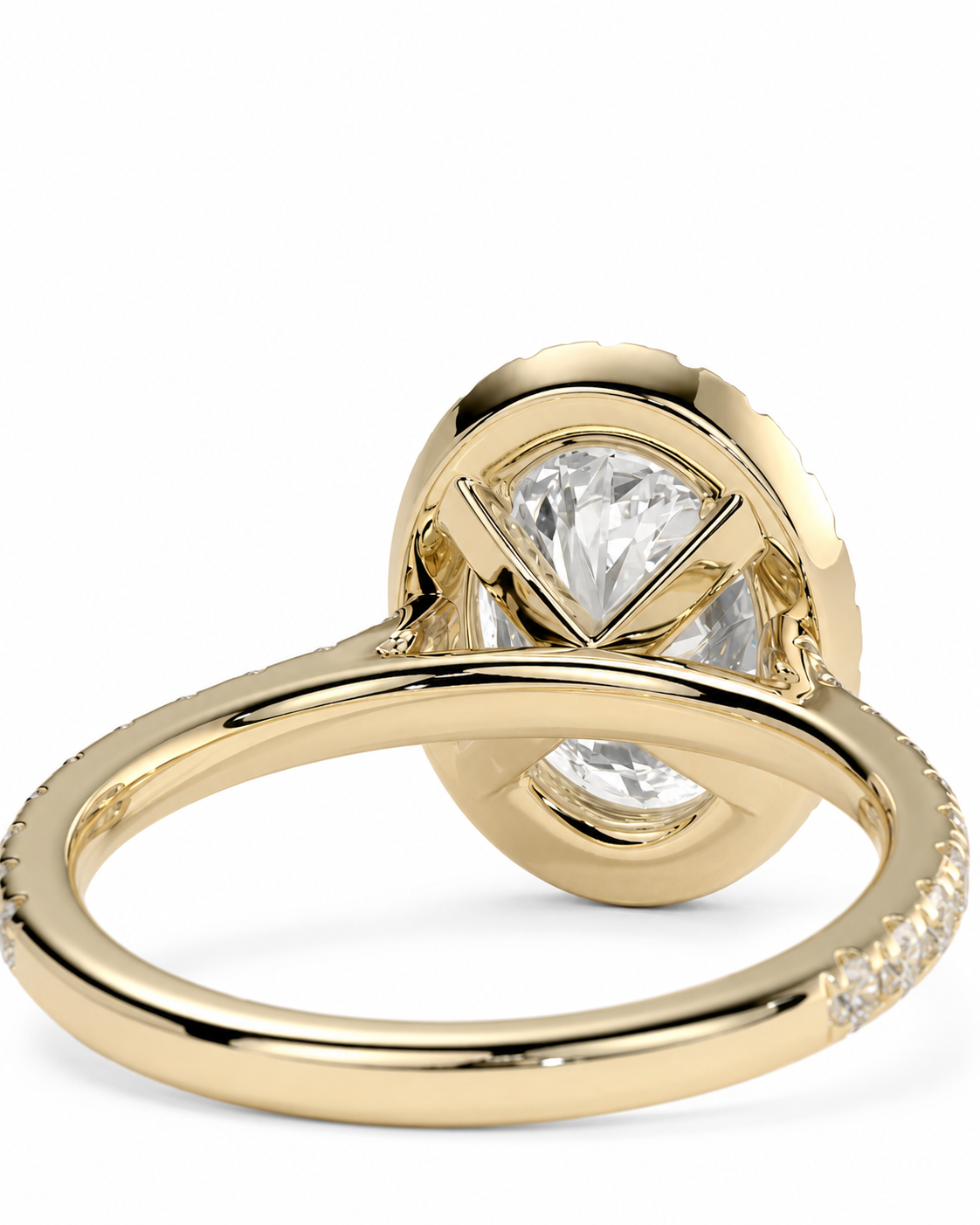 color_10K_YG, color_14K_YG &&A close-up shot of a yellow gold ring featuring a large round clear gemstone in a fan-shaped setting, with a pavé band on the shank, shown against a plain white background.