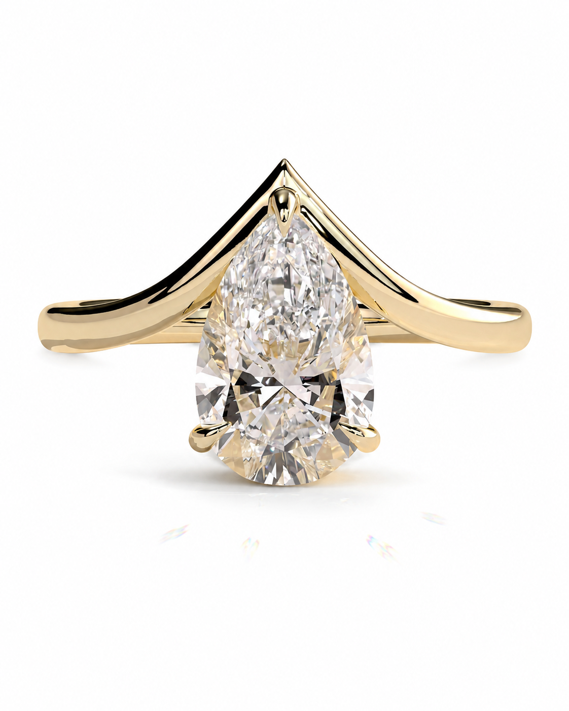 color_10K_YG, color_14K_YG &&A pear-cut diamond ring with a yellow gold V-shaped halo setting and a curved band, shown on a clean white background.