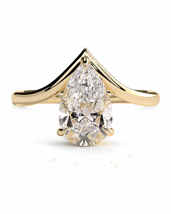color_10K_YG, color_14K_YG &&A pear-cut diamond ring with a yellow gold V-shaped halo setting and a curved band, shown on a clean white background.