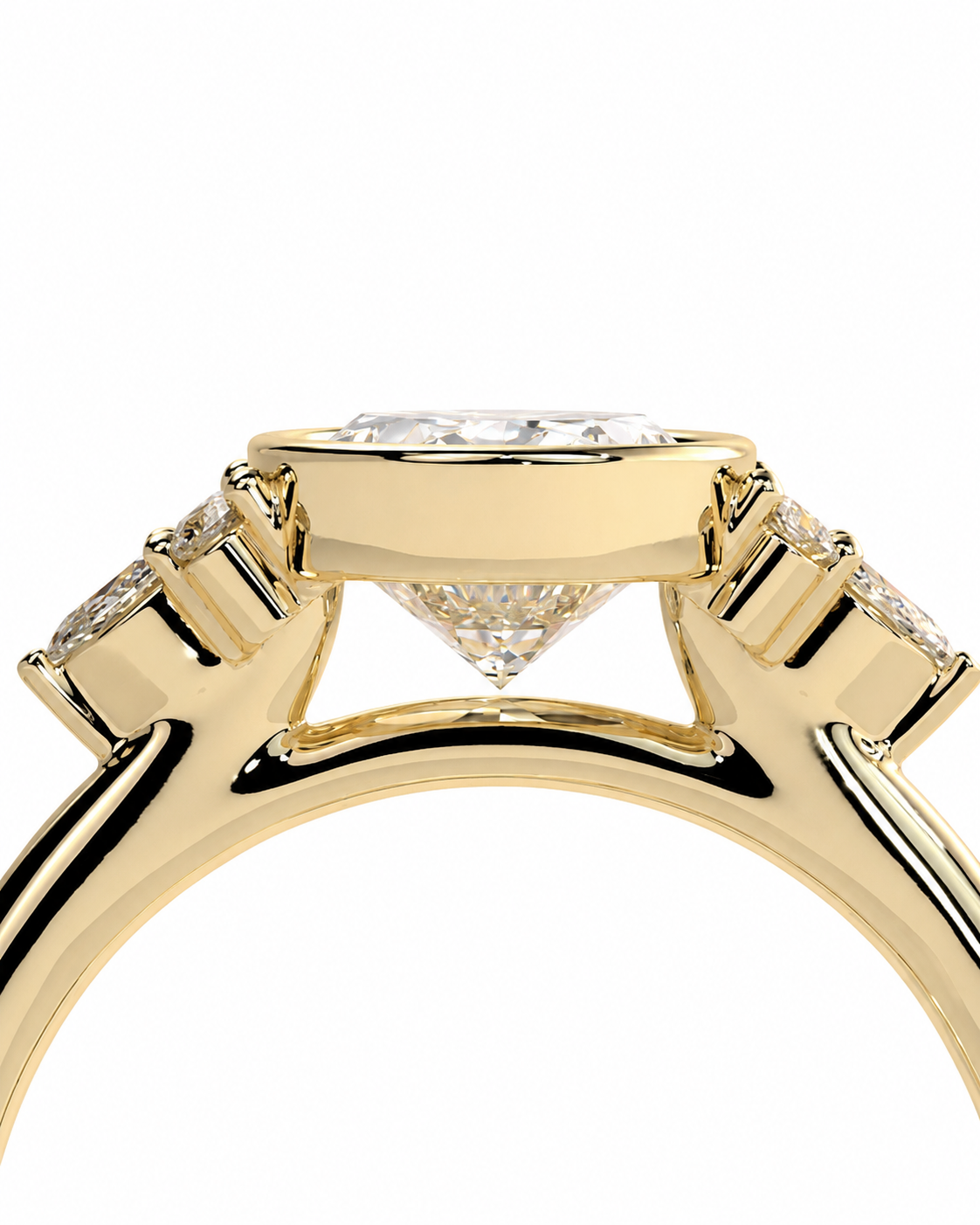 color_10K_YG, color_14K_YG &&Close-up of a yellow gold ring setting with a central diamond and smaller diamonds on the sides, shown against a plain white background.