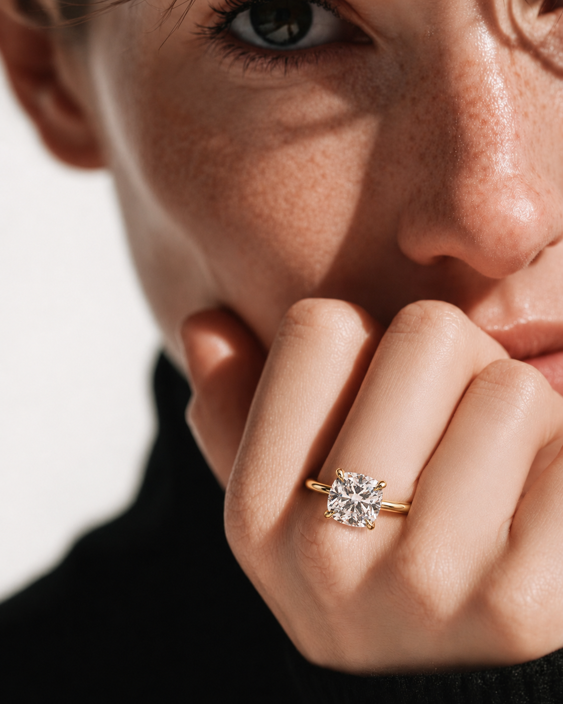 color_10K_YG, color_14K_YG &&A close-up lifestyle shot of a model wearing a yellow gold ring with a large cushion-cut clear gemstone in a four-prong setting, resting on her index finger.