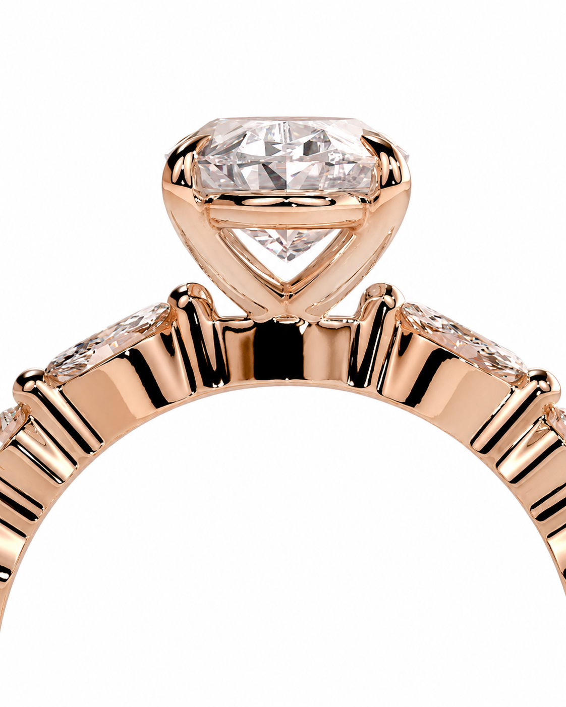 color_10K_RG, color_14K_RG &&
Rose gold diamond ring with a marquise-cut center stone and smaller diamonds along the shoulders, shown in a close-up studio shot on a white background.