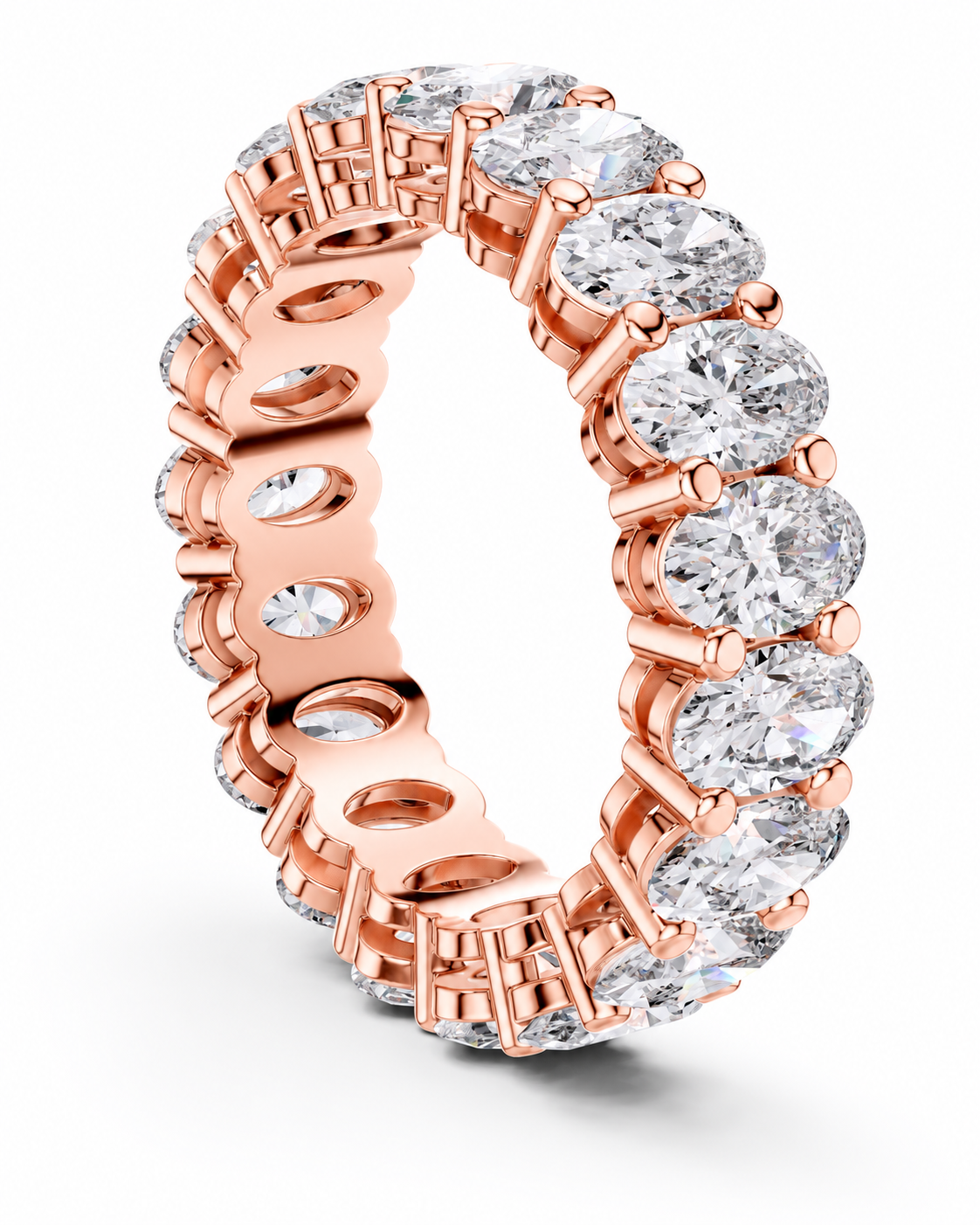 color_10K_RG, color_14K_RG &&	A rose gold eternity ring featuring a continuous row of round brilliant-cut clear diamonds in a high-profile bezel setting, shown on a clean white background.