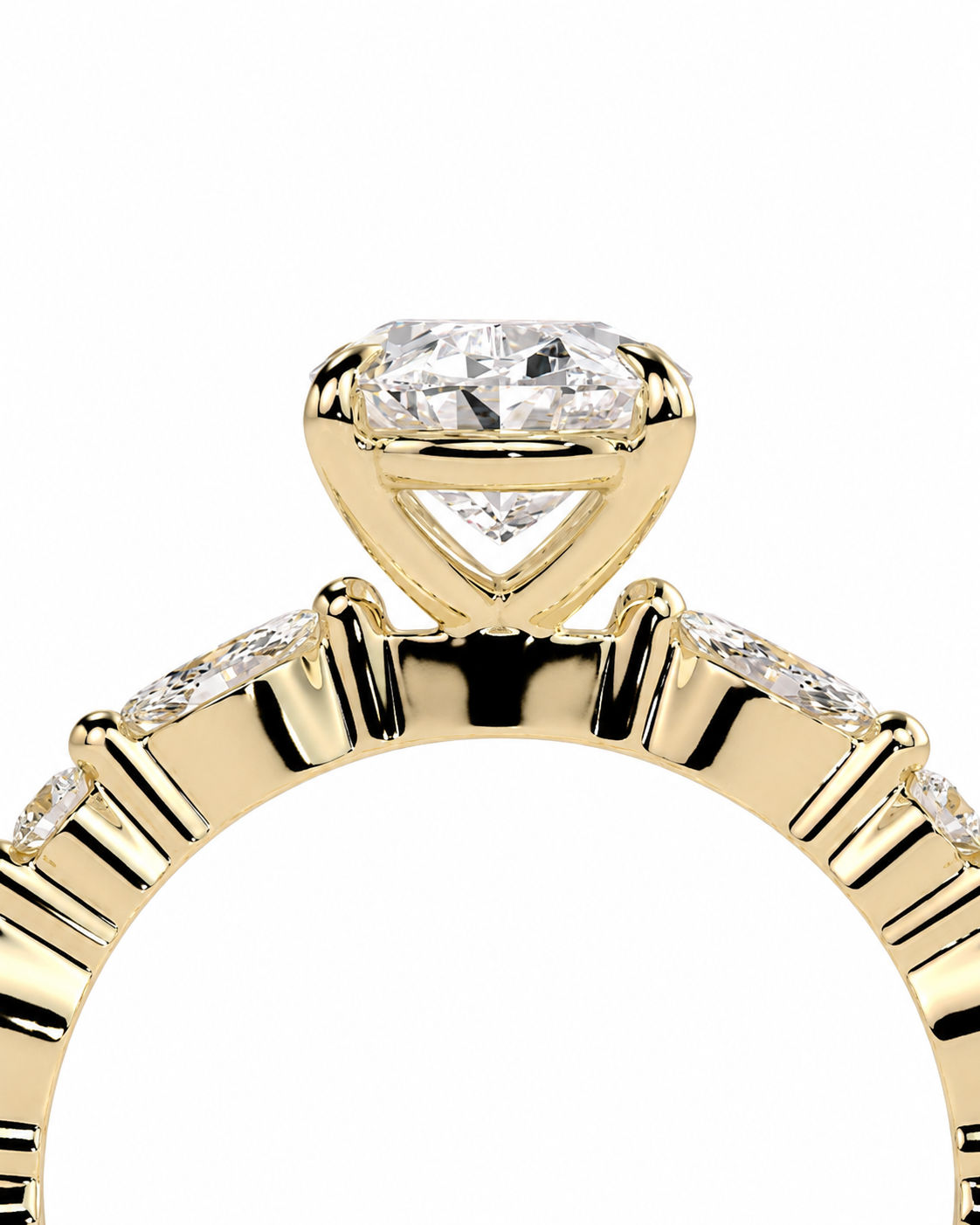 color_10K_YG, color_14K_YG &&
A close-up of a yellow gold ring featuring a large triangular-cut diamond solitaire and smaller diamonds set along the band, shown against a plain white background.