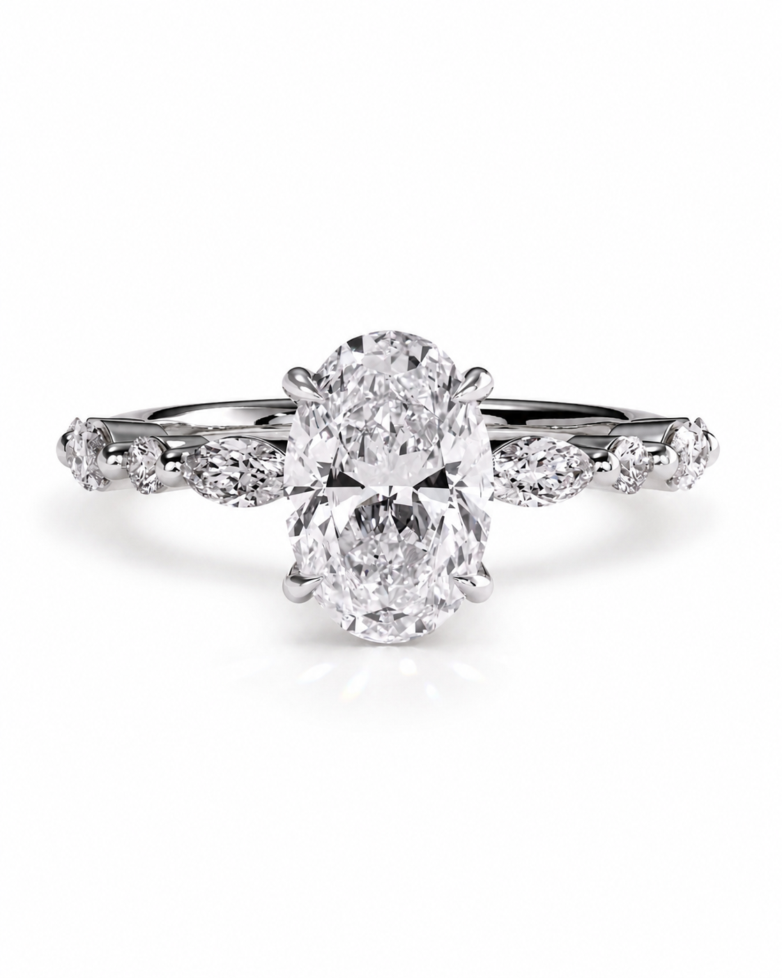 color_925_SIL,color_935_ARG,color_10K_WG, color_14K_WG &&
An oval diamond engagement ring with a radiant band, featuring a large oval center stone and smaller round and marquise side stones in a silver-colored setting, shown on a white background.