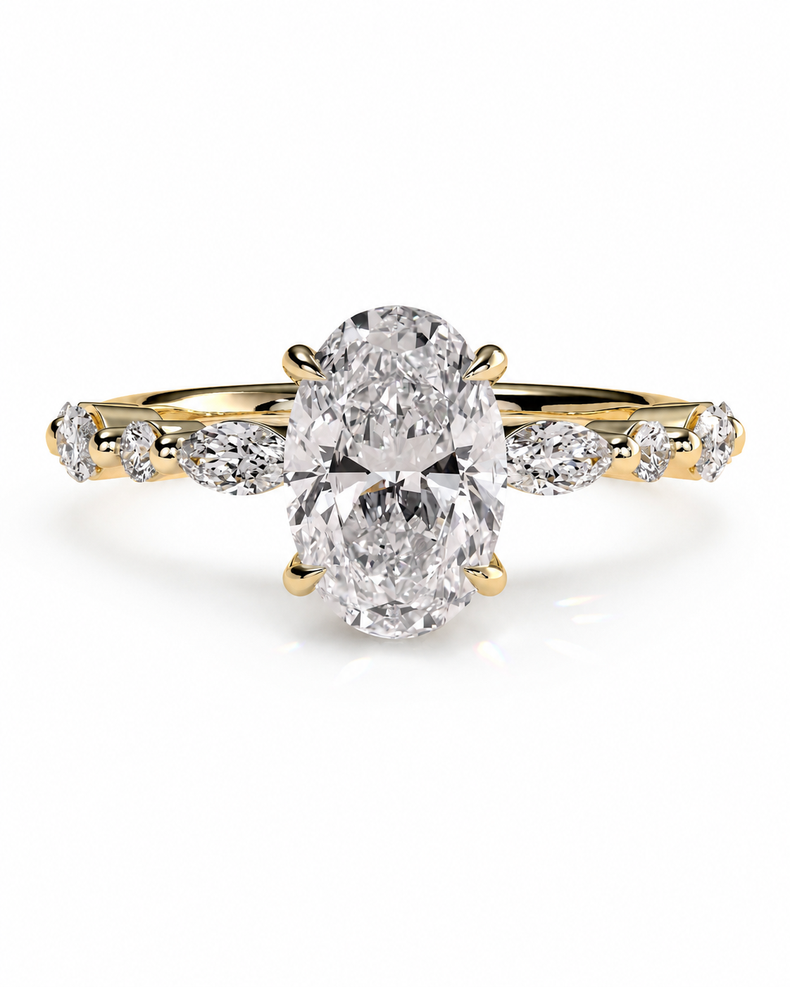 color_10K_YG, color_14K_YG &&
An oval diamond engagement ring with a yellow gold band featuring marquise-cut side diamonds, set against a clean white background.