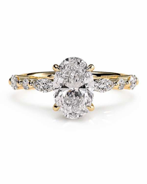 color_10K_YG, color_14K_YG &&
An oval diamond engagement ring with a yellow gold band featuring marquise-cut side diamonds, set against a clean white background.