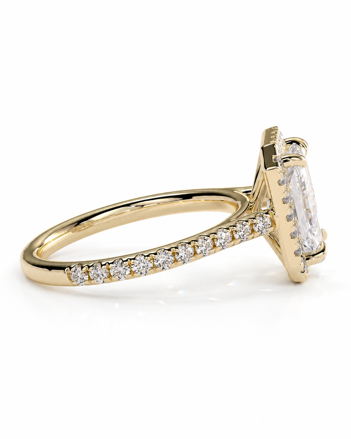 color_10K_YG, color_14K_YG &&A yellow gold ring featuring a large rectangular clear gemstone in a prong setting, with a pavé band adorned with small round diamonds, shown on a white background.