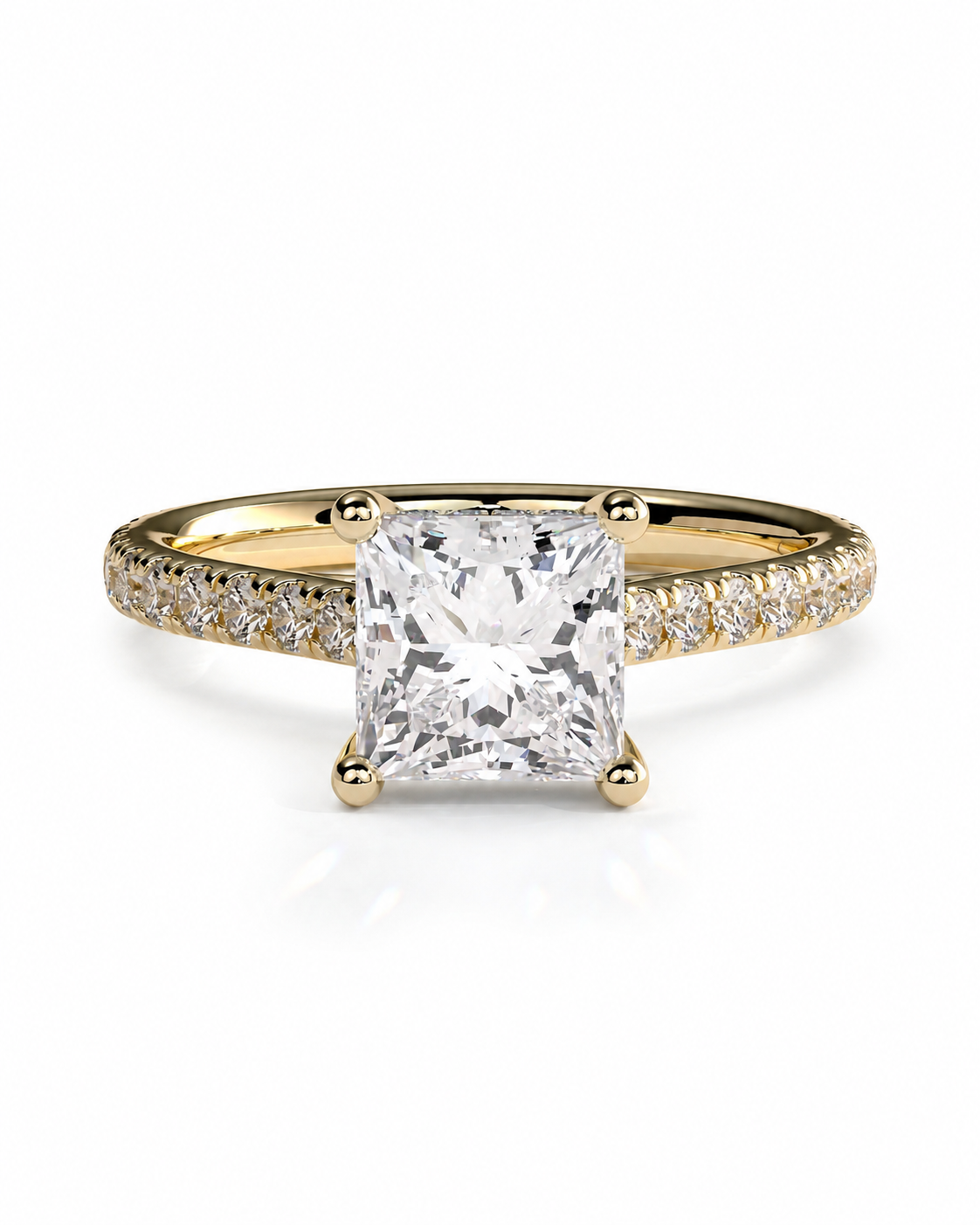 color_10K_YG, color_14K_YG &&A yellow gold engagement ring featuring a large square princess-cut diamond center stone and a pavé-set diamond band, shown on a clean white background.