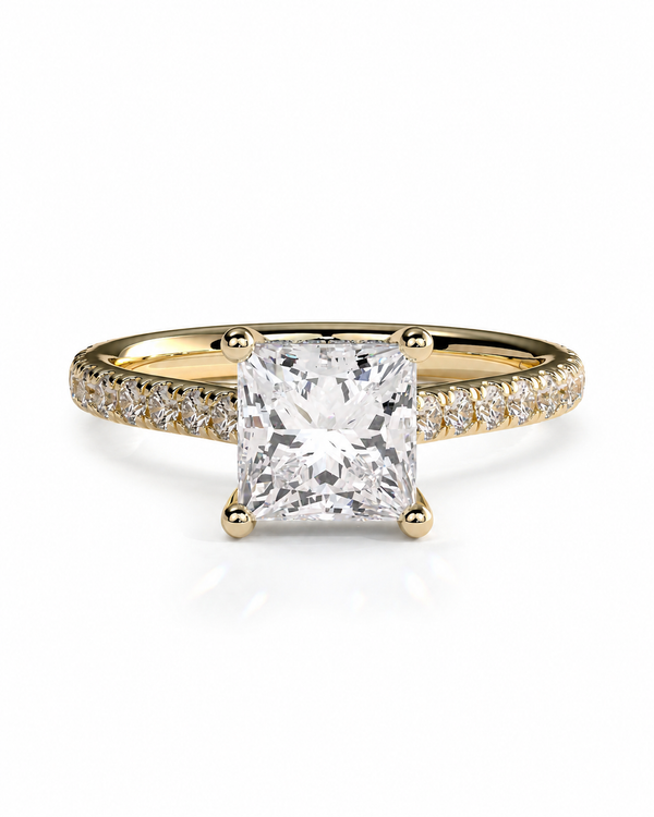 color_10K_YG, color_14K_YG &&A yellow gold engagement ring featuring a large square princess-cut diamond center stone and a pavé-set diamond band, shown on a clean white background.