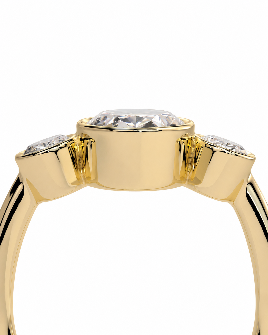 color_10K_YG, color_14K_YG &&A close-up of a yellow gold ring featuring a large round-cut center stone and two smaller round stones on the shoulders, set against a plain white background.