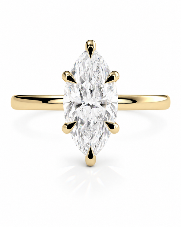 color_10K_YG, color_14K_YG &&A yellow gold ring featuring a large marquise-cut diamond center stone in a six-prong setting, shown on a clean white background.