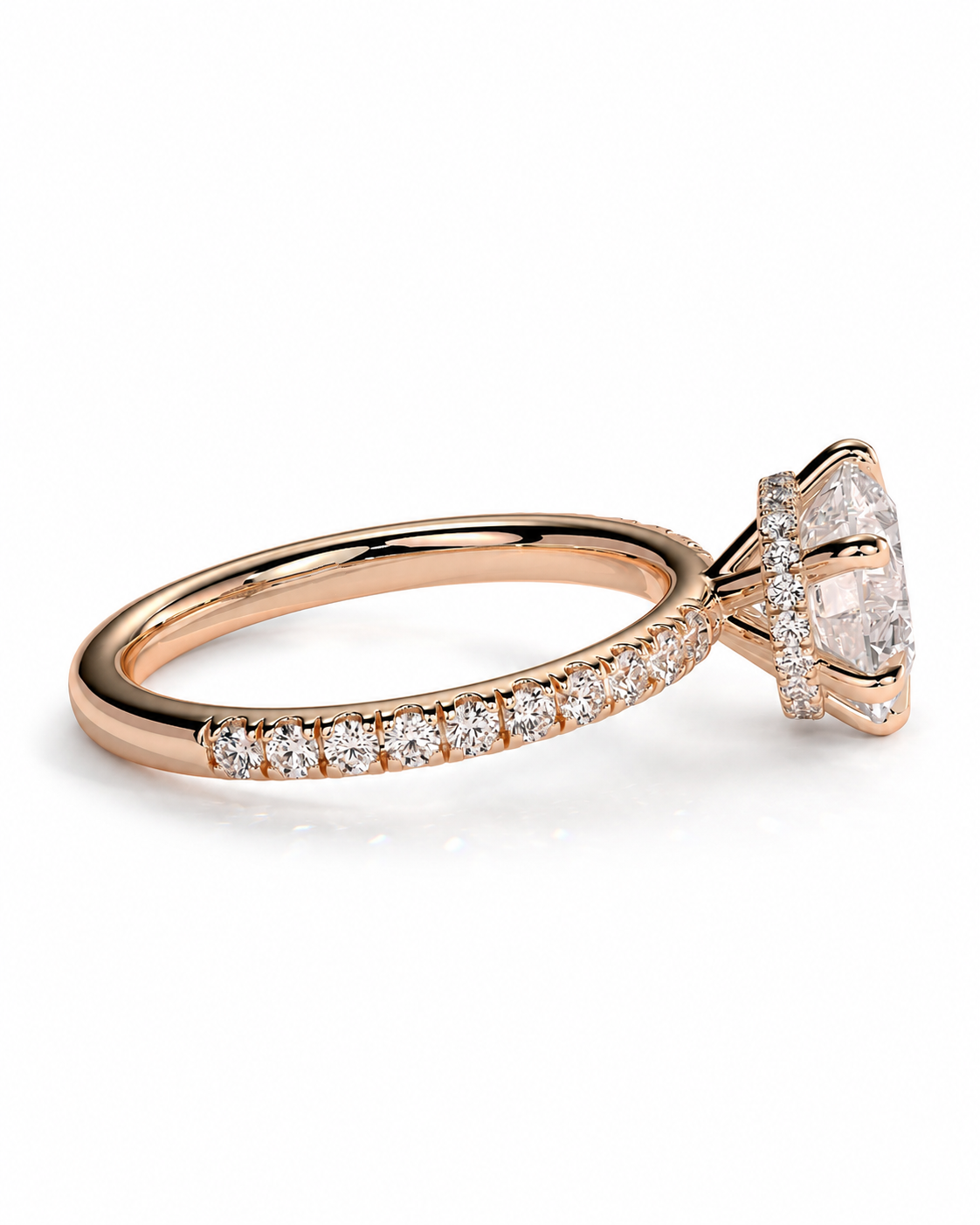 color_10K_RG, color_14K_RG &&
A rose gold engagement ring featuring a large oval-cut center stone in a halo setting, with a pave band set with small round diamonds, shown on a clean white background.