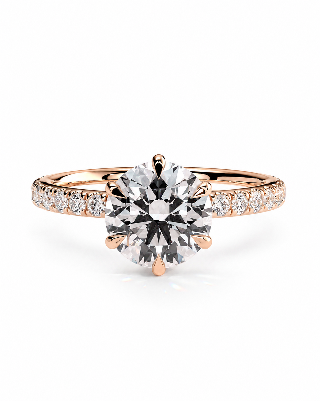 color_10K_RG, color_14K_RG &&
A rose gold engagement ring featuring a large round-cut center stone in a six-prong setting, with a pave band set with small round stones, shown on a clean white background.
