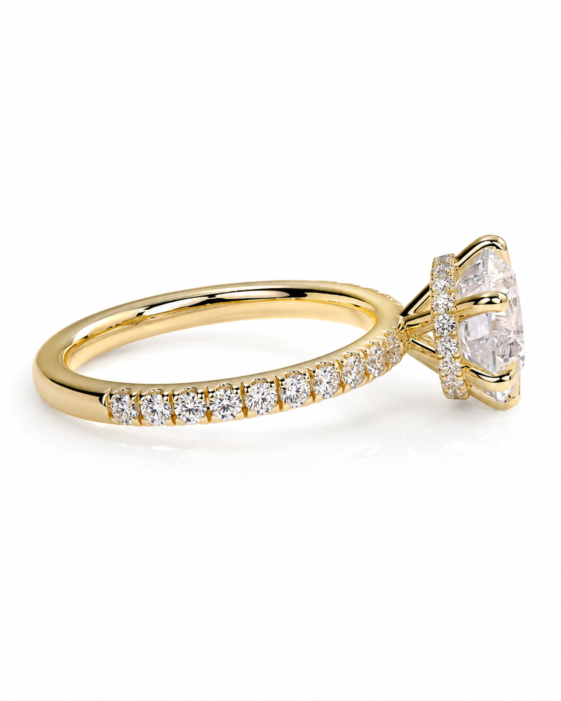 color_10K_YG, color_14K_YG &&
A yellow gold ring featuring a large oval-cut center stone and a pave-set band with smaller round stones, shown on a clean white background.