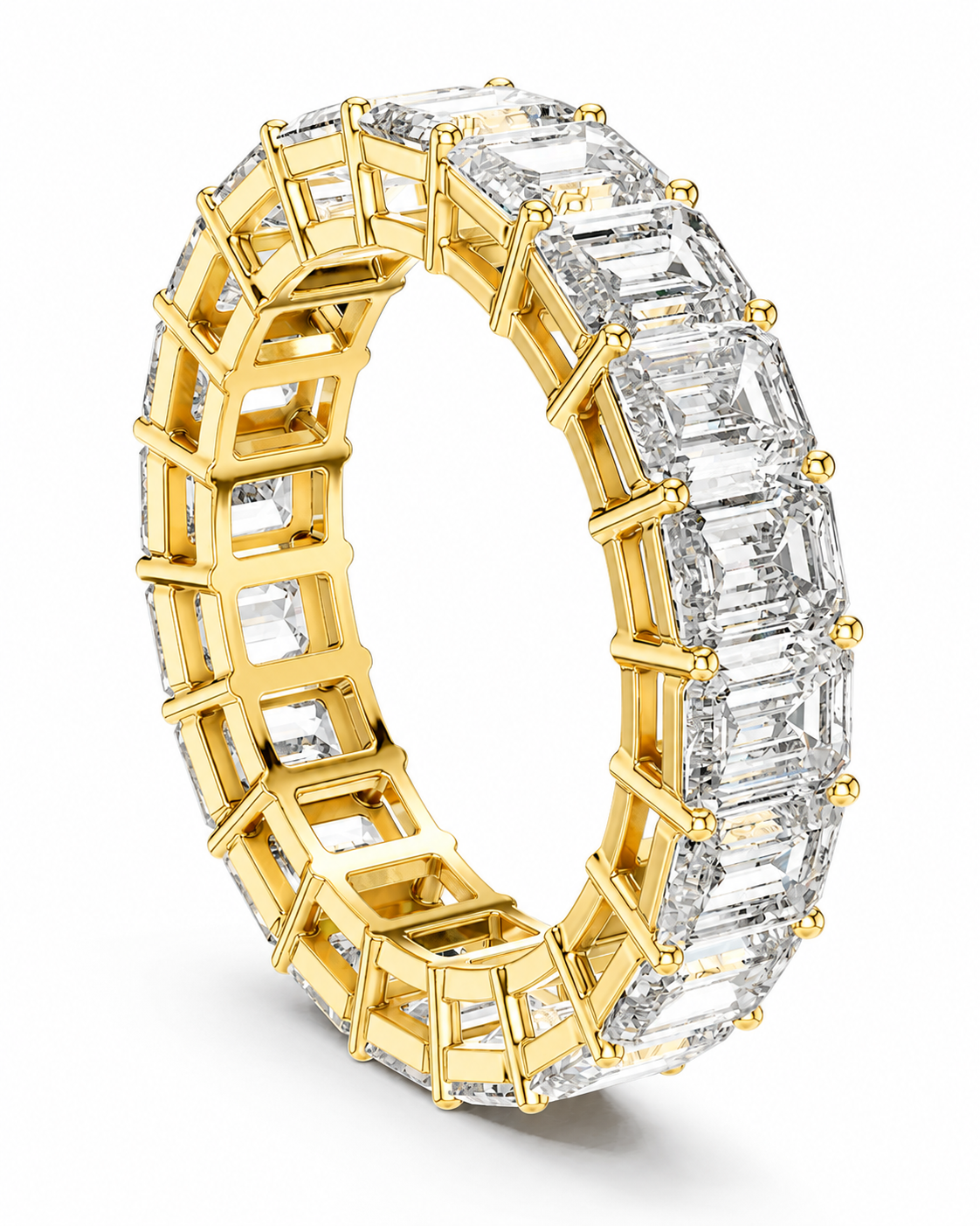 color_10K_YG, color_14K_YG &&	
A yellow gold eternity ring featuring a continuous row of clear baguette-cut diamonds, shown on a clean white background.