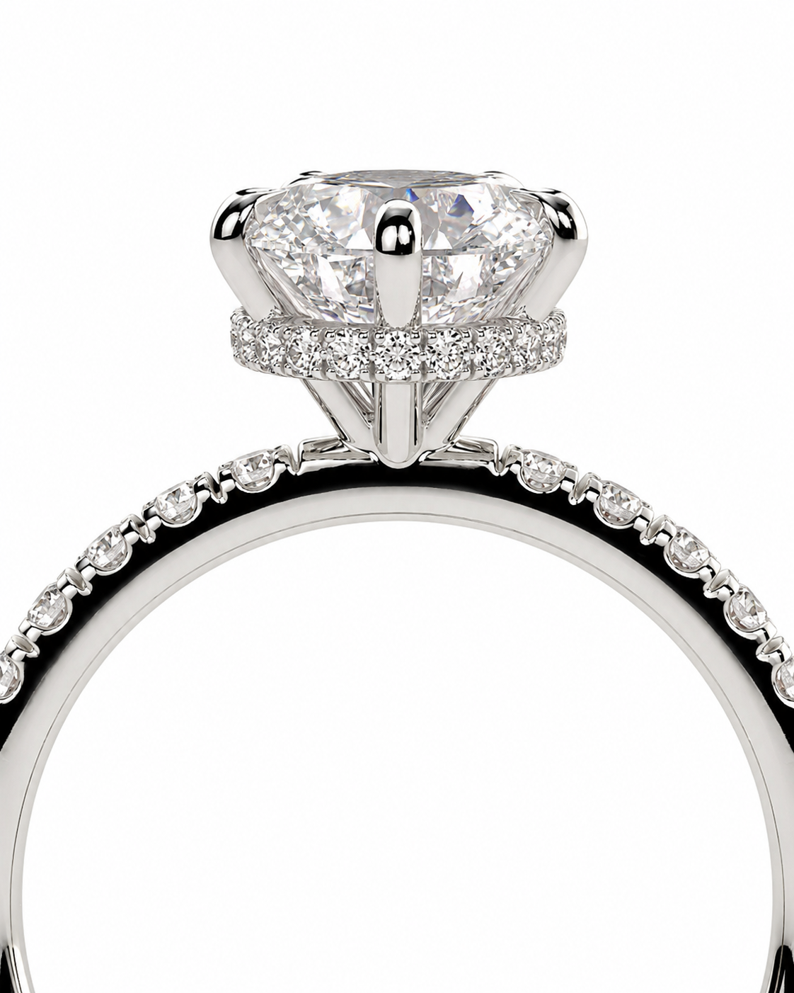 color_925_SIL,color_935_ARG,color_10K_WG, color_14K_WG &&
A close-up studio shot of a silver-toned diamond ring featuring a large round-cut center stone and a halo of smaller diamonds, with a pave-set band on a white background.