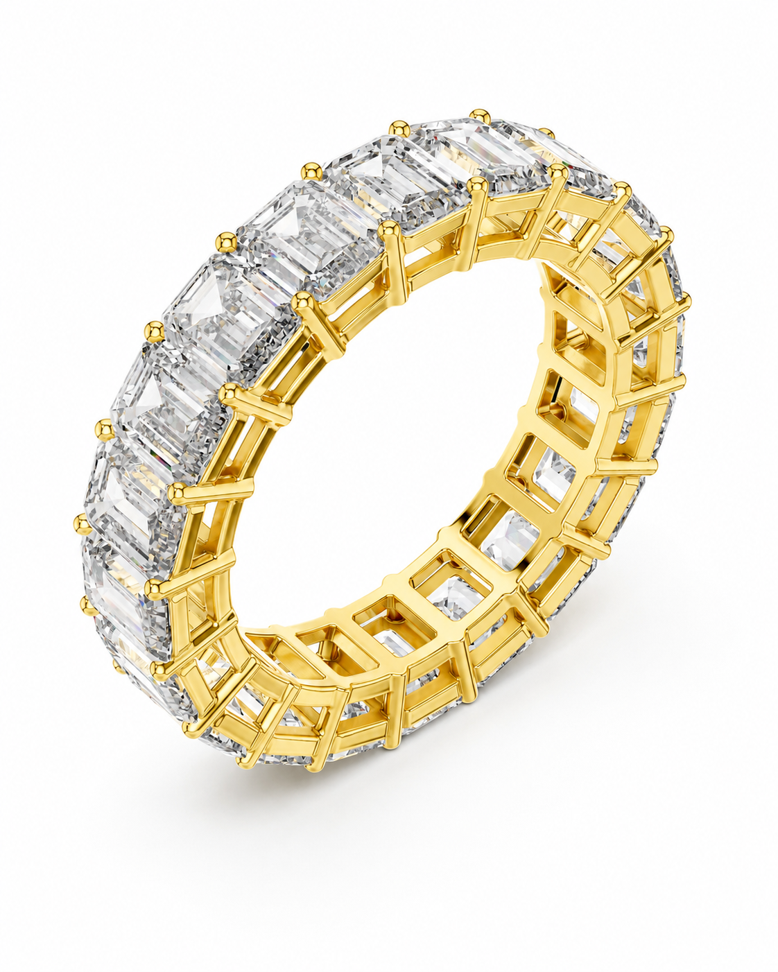 color_10K_YG, color_14K_YG &&	
A yellow gold eternity ring featuring baguette-cut clear stones on the outer band and a grid-like arrangement of smaller stones on the inner band, set against a plain white background.