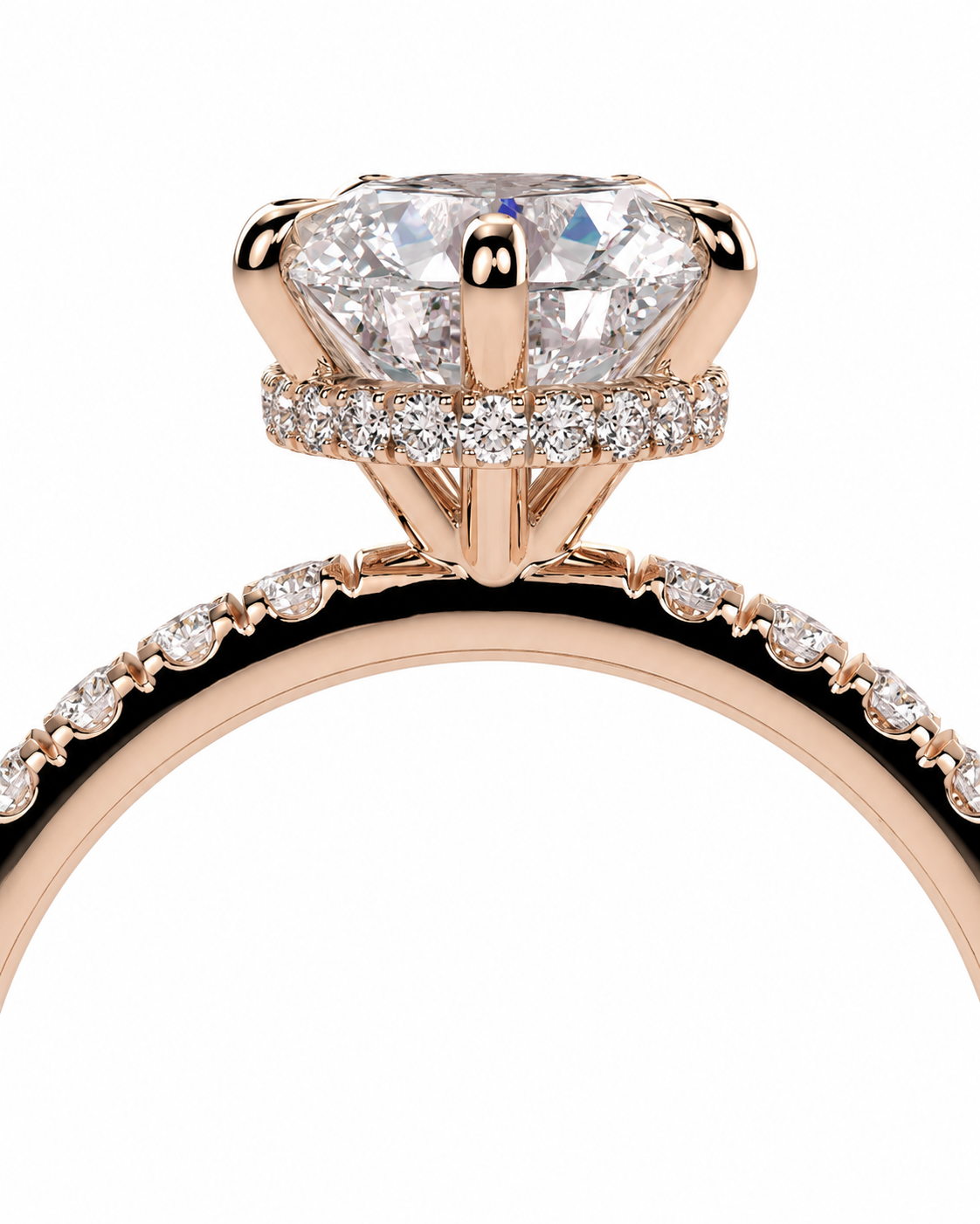 color_10K_RG, color_14K_RG &&
Rose gold engagement ring with a large round-cut diamond center stone and a halo of small diamonds, shown on a white background.