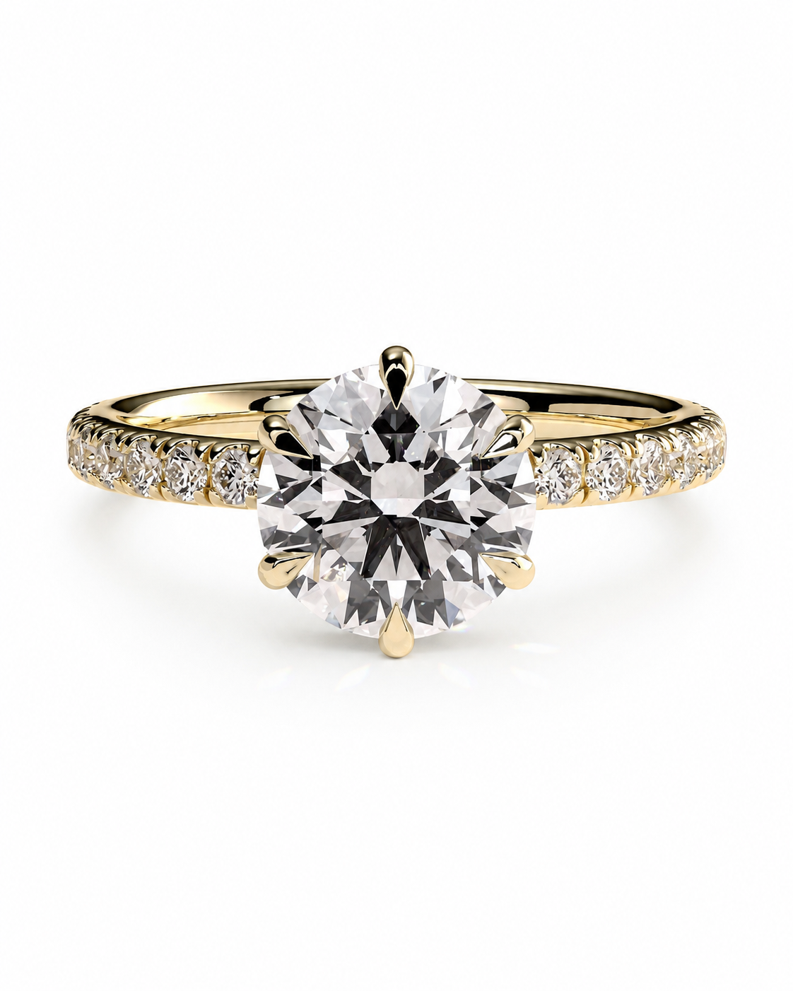color_10K_YG, color_14K_YG &&
A yellow gold solitaire engagement ring featuring a large round brilliant-cut center diamond, with a pave-set diamond band, shown on a clean white background.