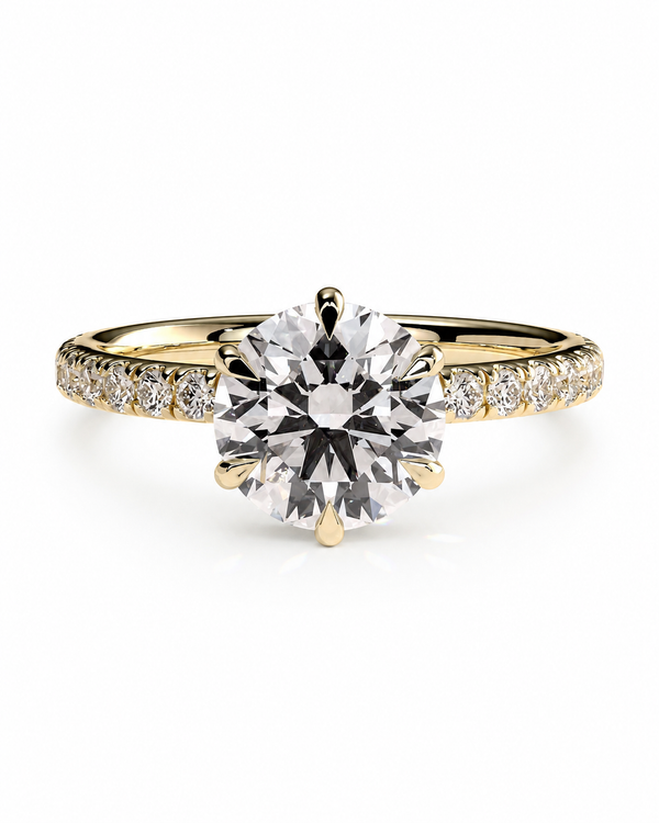 color_10K_YG, color_14K_YG &&
A yellow gold solitaire engagement ring featuring a large round brilliant-cut center diamond, with a pave-set diamond band, shown on a clean white background.