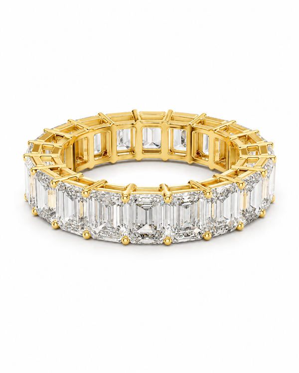 color_10K_YG, color_14K_YG &&	
A yellow gold eternity ring featuring baguette-cut clear stones on the front and side, photographed on a clean white background.