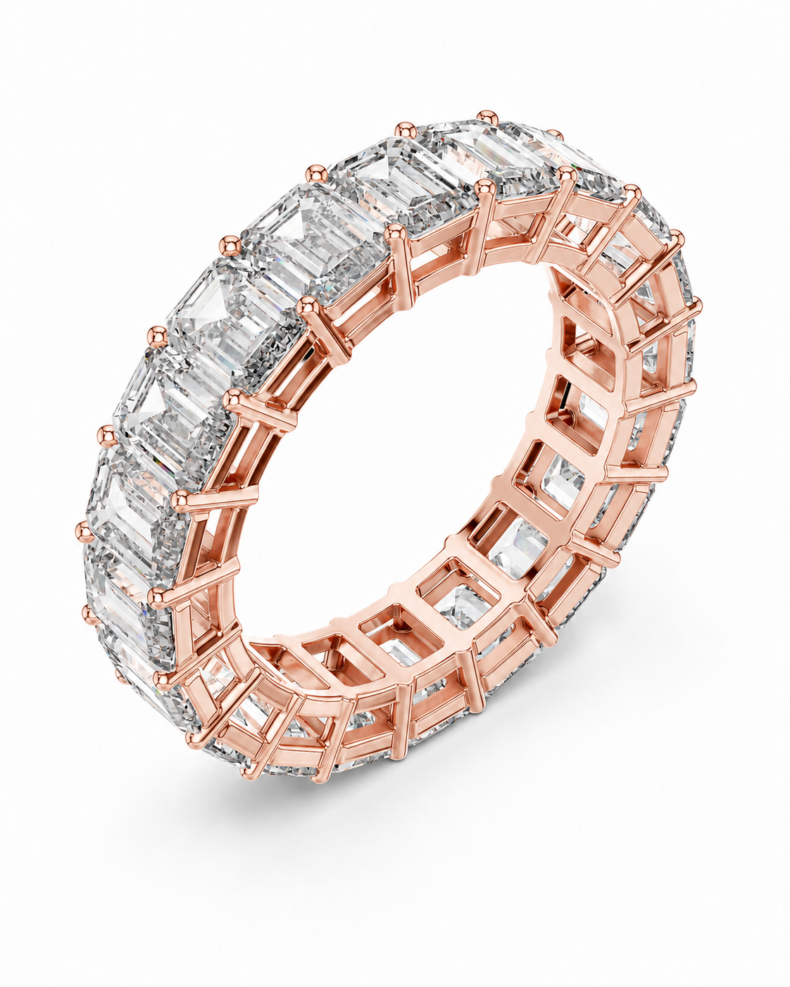 color_10K_RG, color_14K_RG &&	A rose gold eternity ring paved with baguette-cut clear diamonds, shown at an angle on a clean white background.