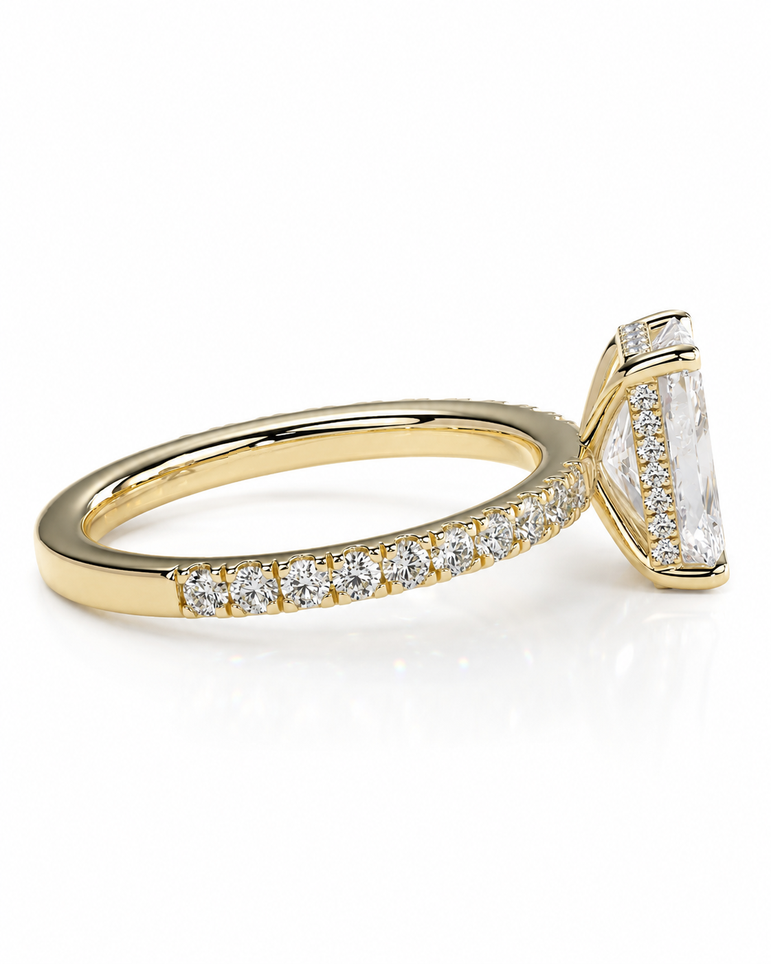 color_10K_YG, color_14K_YG &&A yellow gold ring featuring a large rectangular clear gemstone in a prong setting, with a pavé band set with smaller round diamonds, shown on a white background.