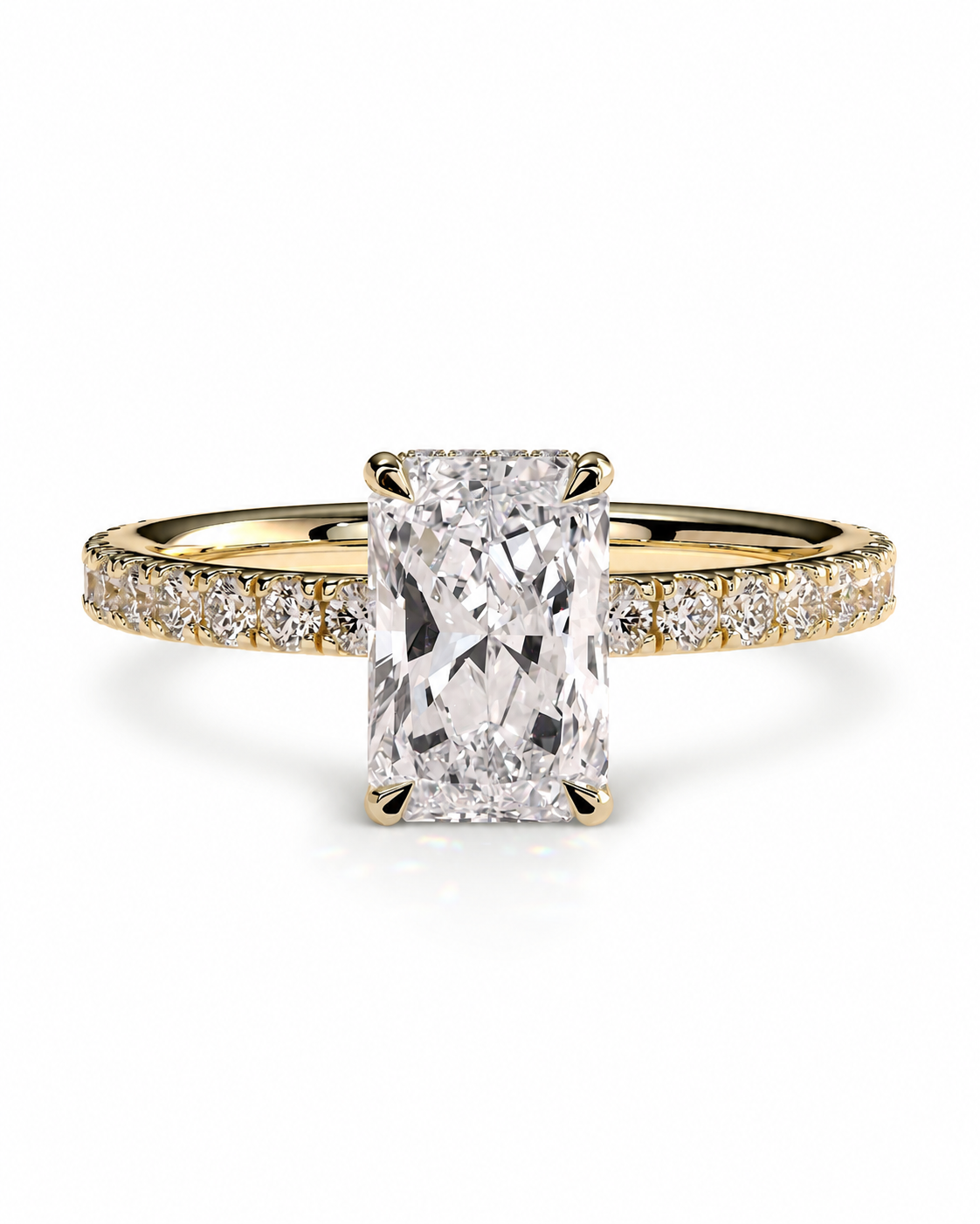 color_10K_YG, color_14K_YG &&A yellow gold engagement ring featuring a large rectangular radiant-cut diamond center stone, with a pavé-set diamond band, shown on a clean white background.