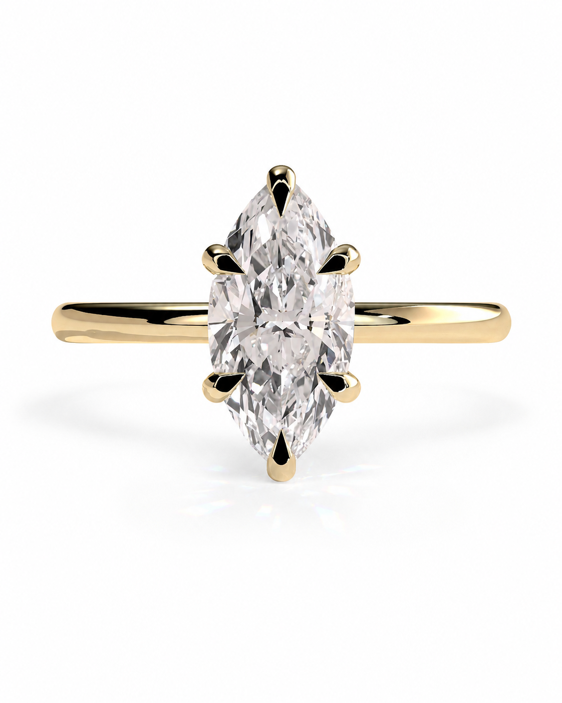 color_10K_YG, color_14K_YG &&A yellow gold ring featuring a marquise-cut diamond in a six-prong setting, shown on a clean white background.