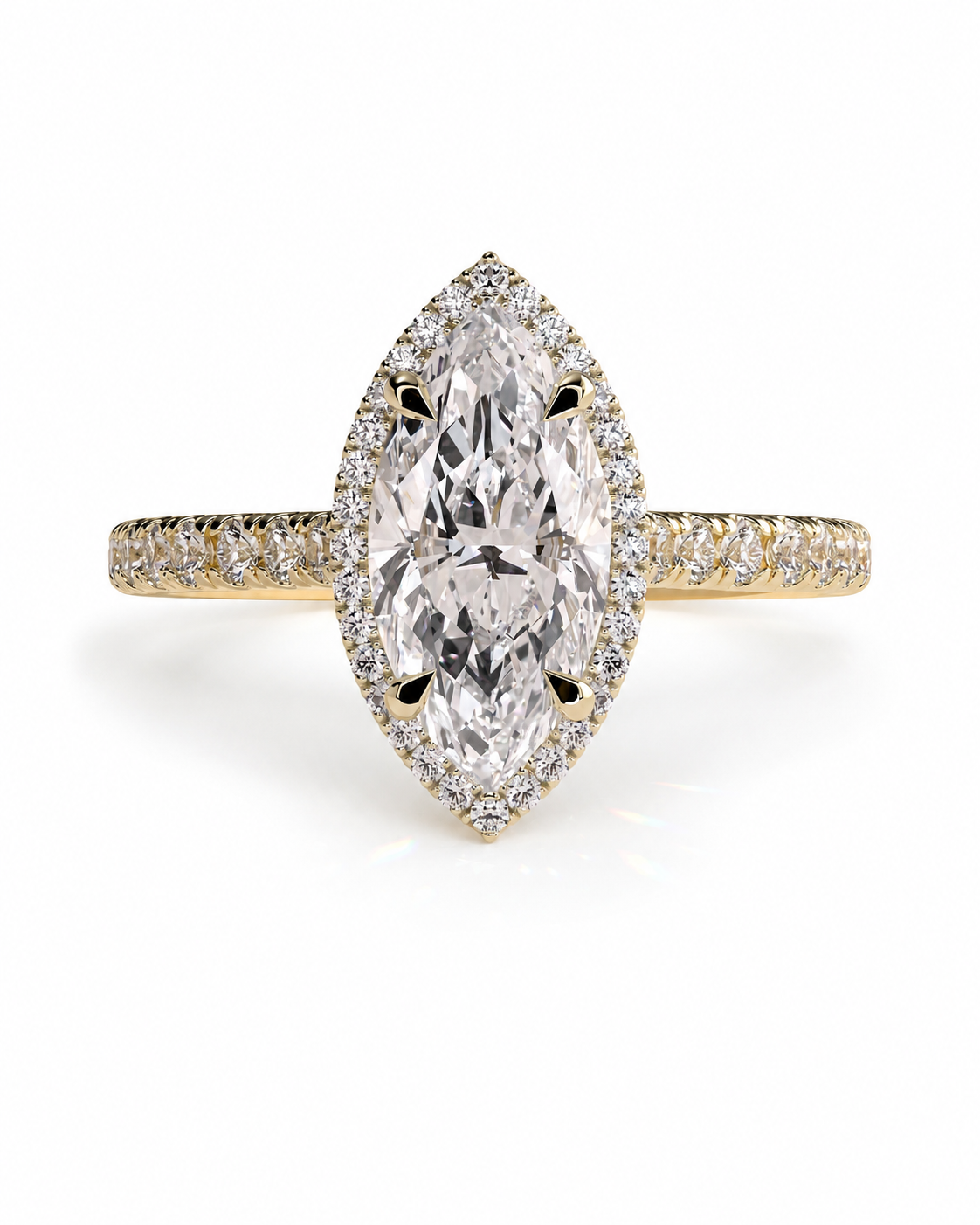 color_10K_YG, color_14K_YG &&A yellow gold ring featuring a large marquise-cut diamond center stone surrounded by a halo of smaller diamonds, with a slim diamond-paved band.