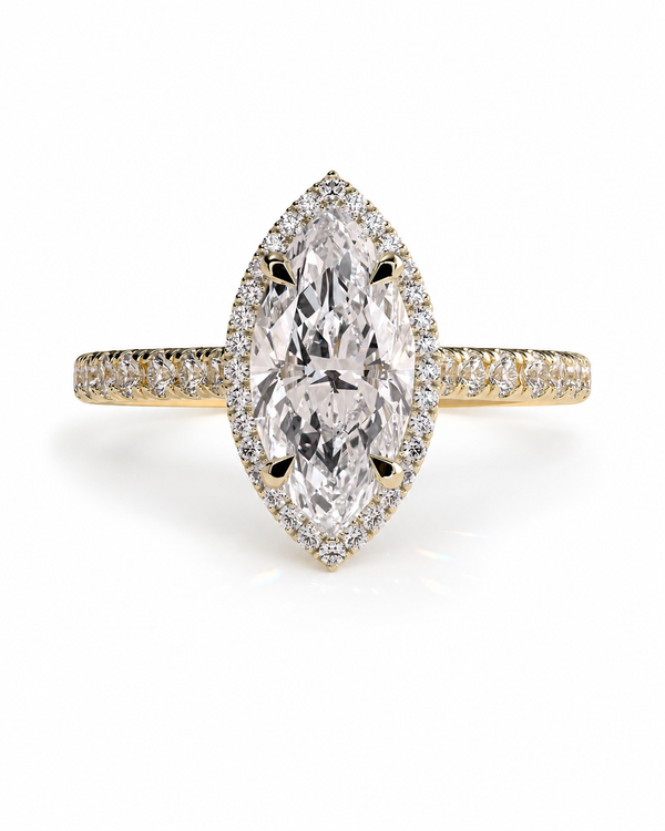 color_10K_YG, color_14K_YG &&A yellow gold ring featuring a large marquise-cut diamond center stone surrounded by a halo of smaller diamonds, with a slim diamond-paved band.
