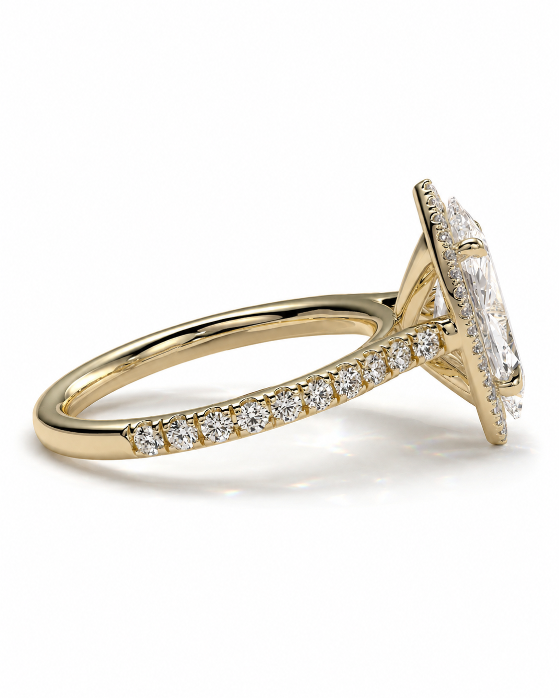 color_10K_YG, color_14K_YG &&A yellow gold ring featuring a large oval-cut clear gemstone in a prong setting, with a pavé band adorned with small round-cut diamonds, shown on a white background.