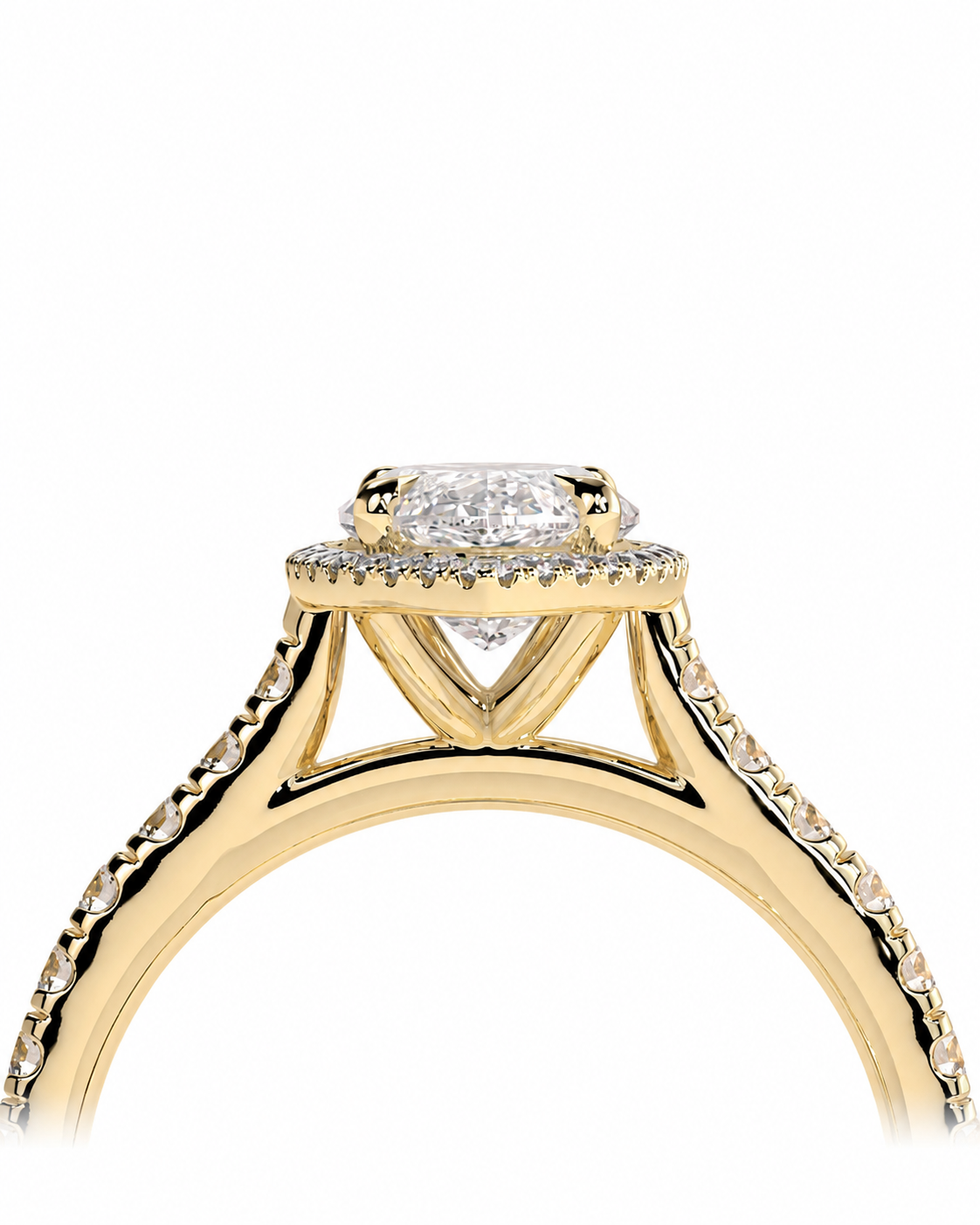 color_10K_YG, color_14K_YG &&A close-up of a yellow gold ring with a diamond halo and oval center stone, shown against a plain white background.