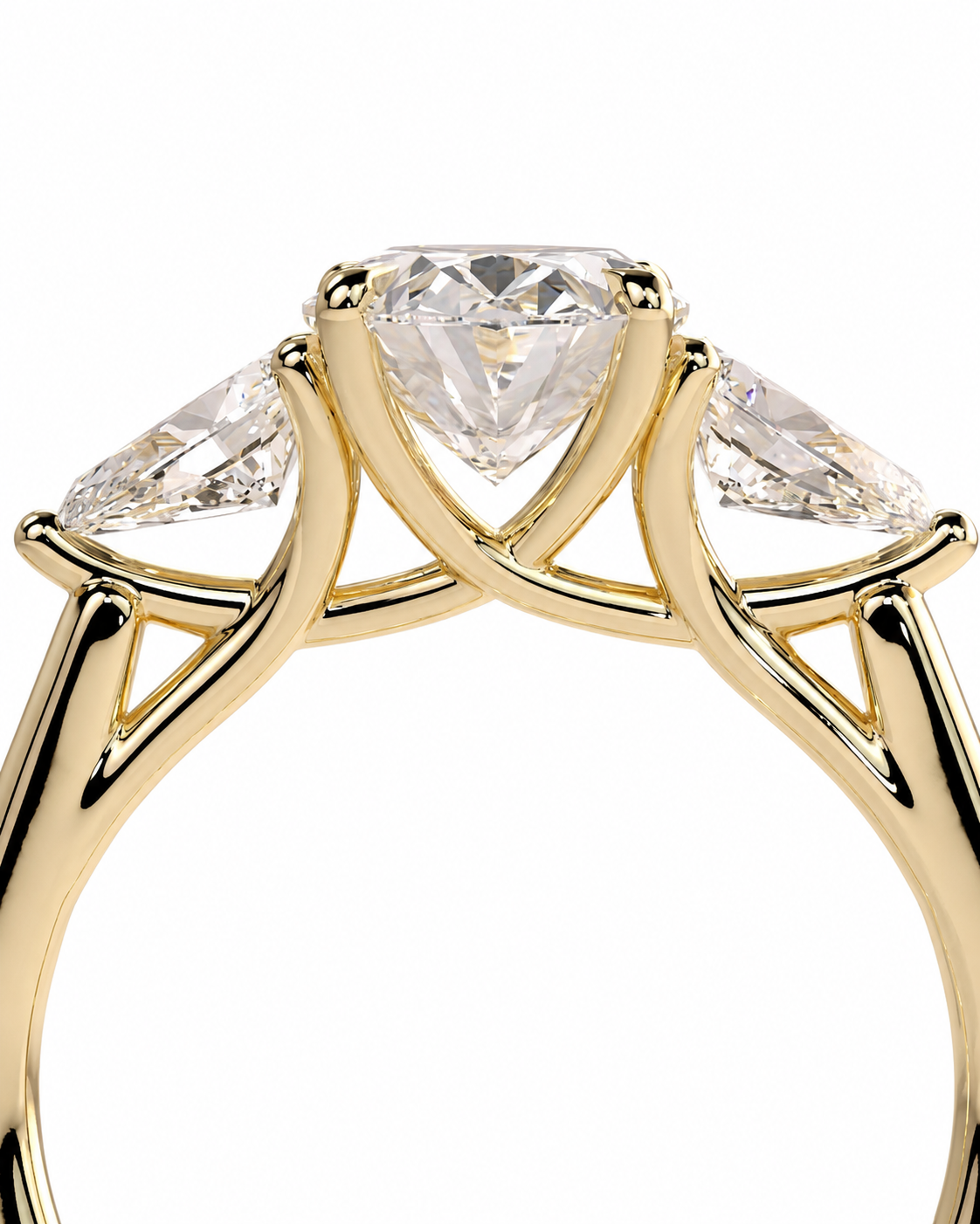 color_10K_YG, color_14K_YG &&
A close-up of a yellow gold ring featuring a large central round-cut clear gemstone flanked by two smaller marquise-cut clear gemstones, set against a plain white background.