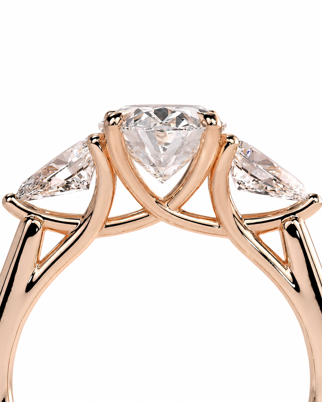 color_10K_RG, color_14K_RG &&
A close-up of a rose gold ring featuring a large heart-shaped clear center stone and two marquise-cut side stones, set against a plain white background.