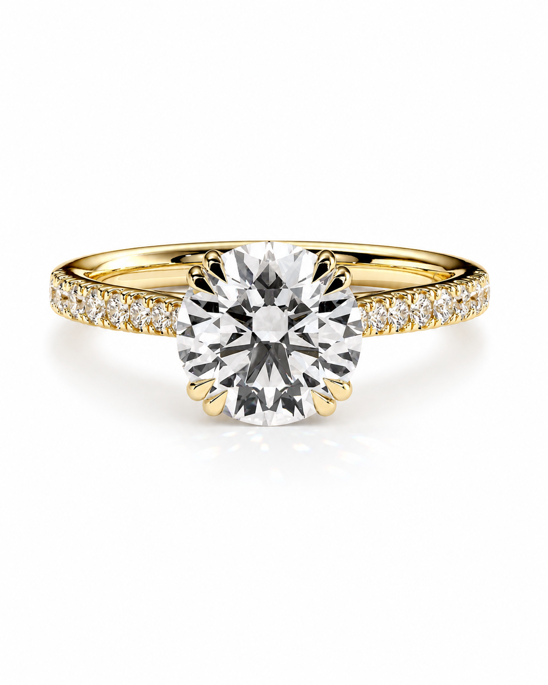 color_10K_YG, color_14K_YG &&
A yellow gold solitaire engagement ring featuring a round brilliant-cut diamond center stone and pave-set diamonds along the shoulders of a split-shank band, shown on a clean white background.