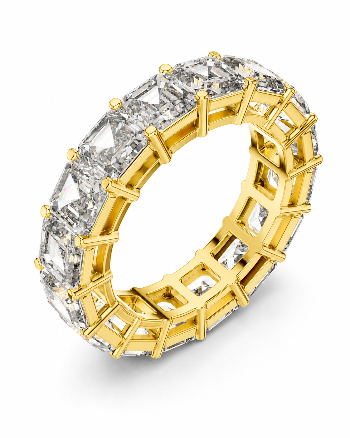 color_10K_YG, color_14K_YG &&	
A yellow gold eternity ring featuring a continuous row of rectangular clear gemstones in a prong setting, shown on a clean white background.