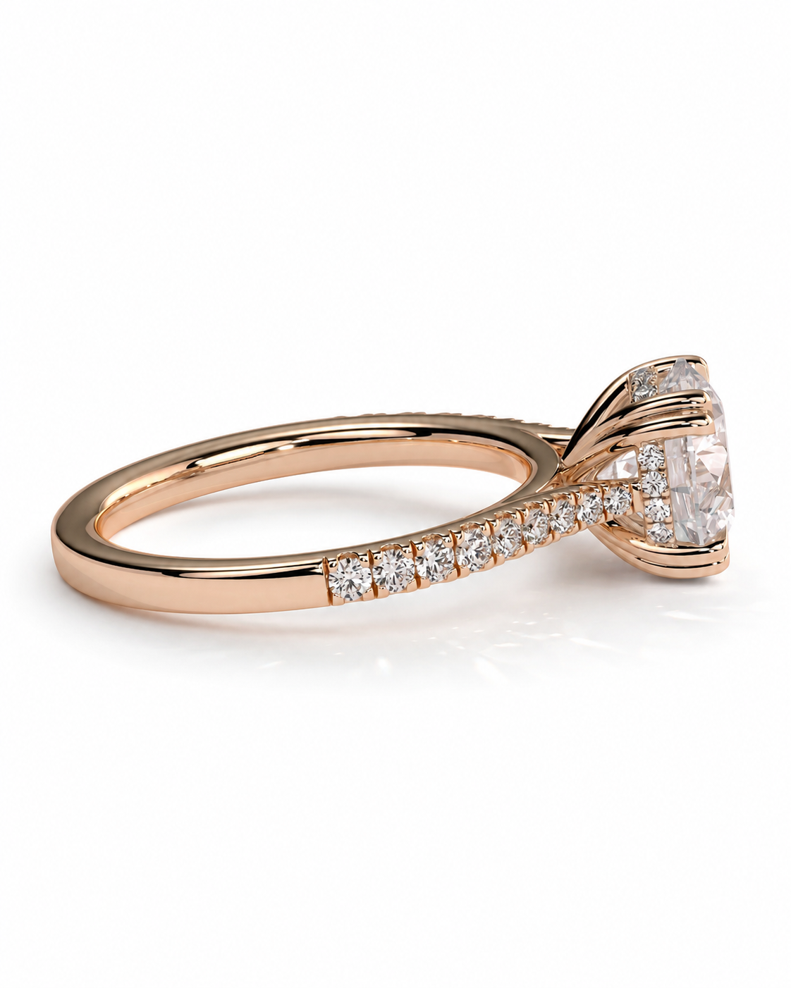 color_10K_RG, color_14K_RG &&
A rose gold engagement ring featuring a large oval-cut center stone and a pave band with small round diamonds, shown on a clean white background.