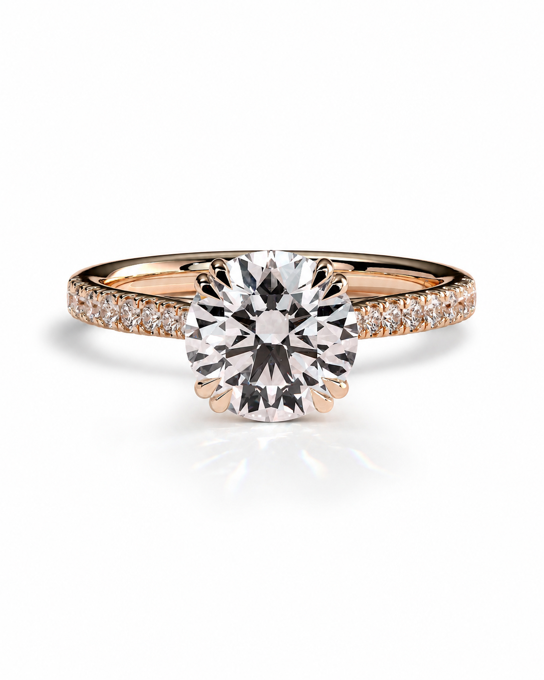 color_10K_RG, color_14K_RG &&
A rose gold engagement ring featuring a large round-cut center stone and pave-set accent stones along the band, shown on a clean white background.