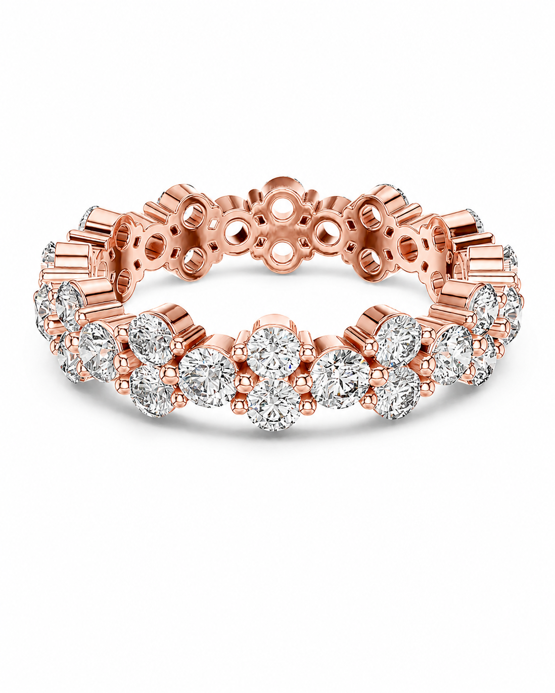 color_10K_RG, color_14K_RG &&	A rose gold eternity ring featuring a continuous line of round brilliant-cut diamonds and baguette-cut diamonds, set in a polished rose gold band, shown on a clean white background.
