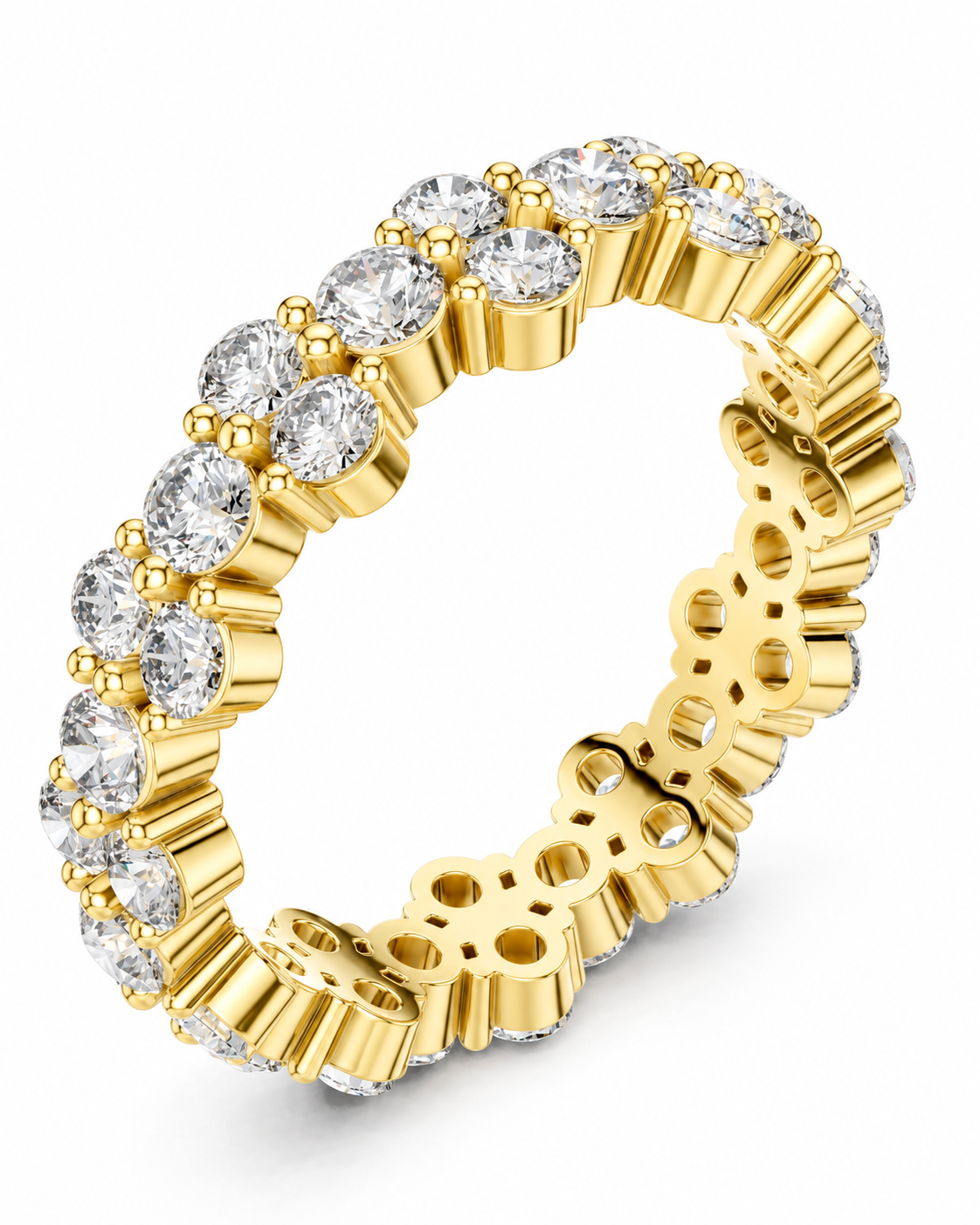 color_10K_YG, color_14K_YG &&	
A yellow gold eternity ring featuring a continuous row of round-cut clear gemstones in a prong setting, shown on a clean white background.