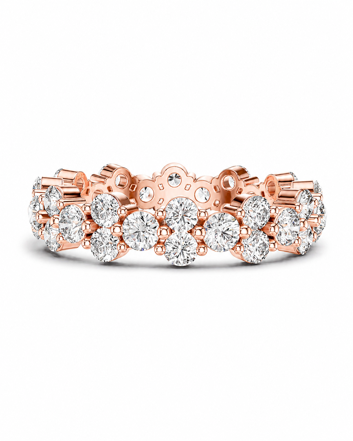 color_10K_RG, color_14K_RG &&	A rose gold eternity band featuring a continuous row of round brilliant-cut diamonds in a floral cluster setting, shown on a clean white background.
