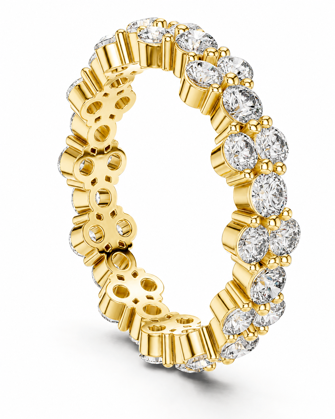 color_10K_YG, color_14K_YG &&	
A yellow gold eternity ring featuring a continuous row of round brilliant-cut clear gemstones, shown on a clean white background.