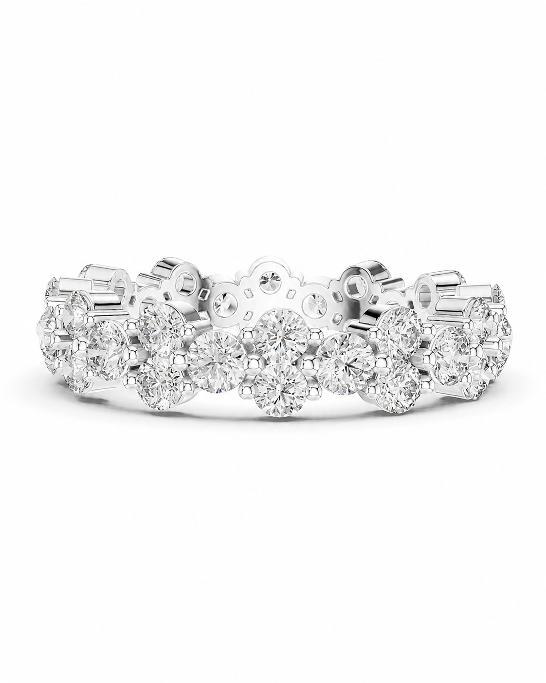 color_925_SIL,color_935_ARG,color_10K_WG, color_14K_WG &&	
A silver-toned diamond eternity band ring featuring round and baguette-cut diamonds in a continuous floral pattern, displayed on a clean white background.