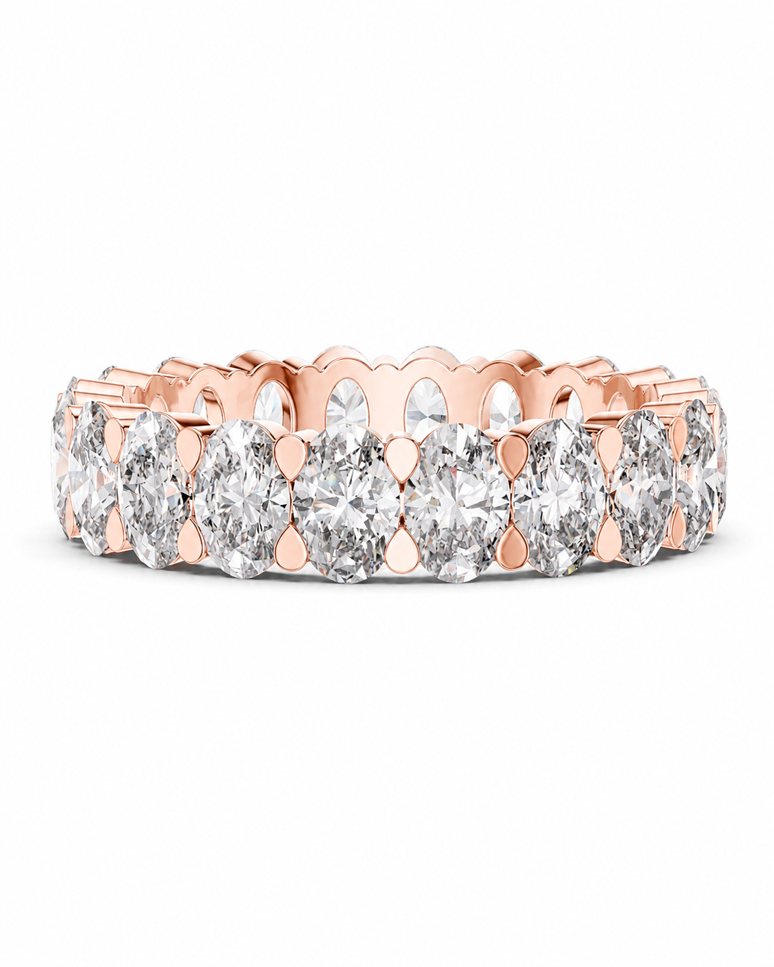color_10K_RG, color_14K_RG &&	A rose gold eternity ring featuring a continuous row of marquise-cut clear gemstones in a prong setting, shown against a plain white background.